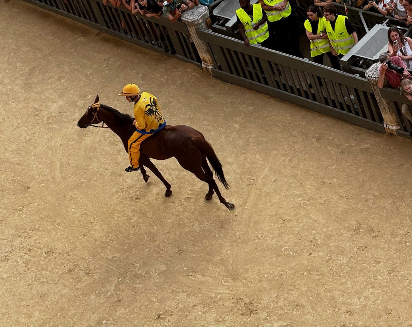 A jockey in yellow and black riding a horse on the tufa track in Piazza del Campo during the Palio